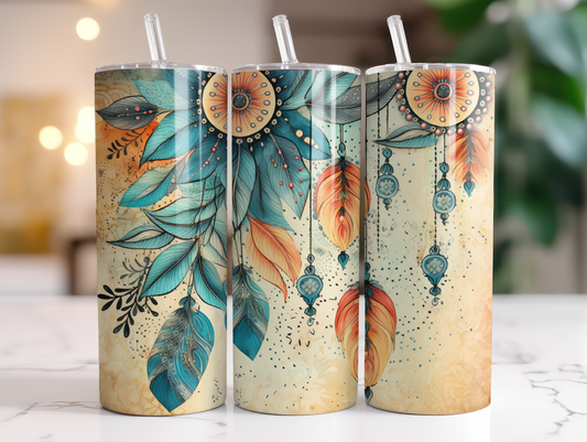 Boho Teal and Orange Feathers and Dreamcatchers 20oz Tumbler