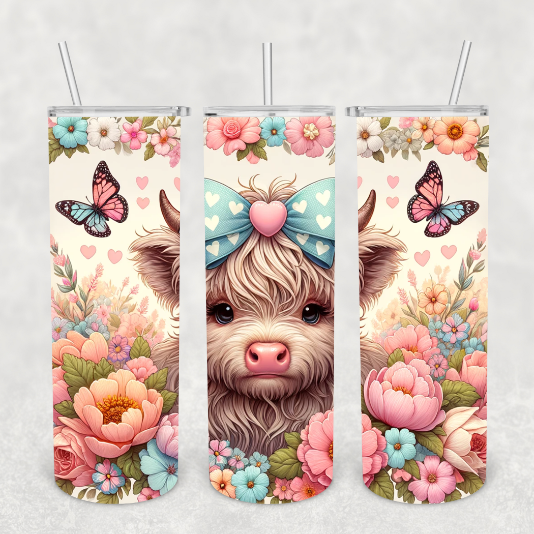 Pastel Butterflies Baby Highland Cow 20oz Stainless Steel Tumbler