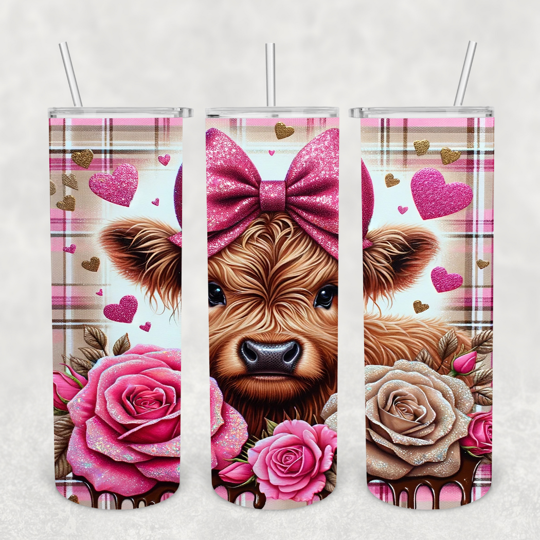 Gingham Roses Baby Highland Cow 20oz Tumbler