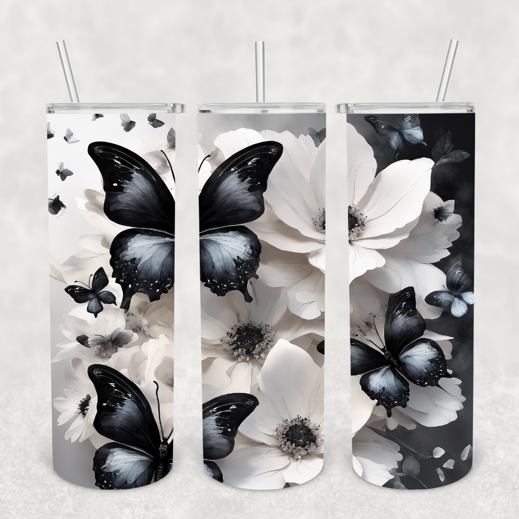 Black and White Floral Butterflies 20oz Tumbler