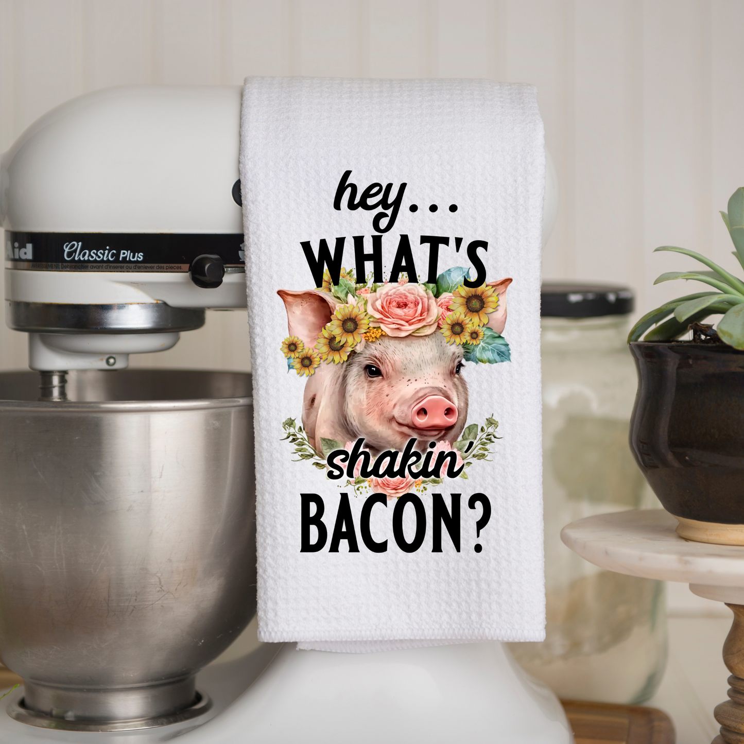 Waffle Weave Dishtowel - Pig "What's Shaken Bacon?"